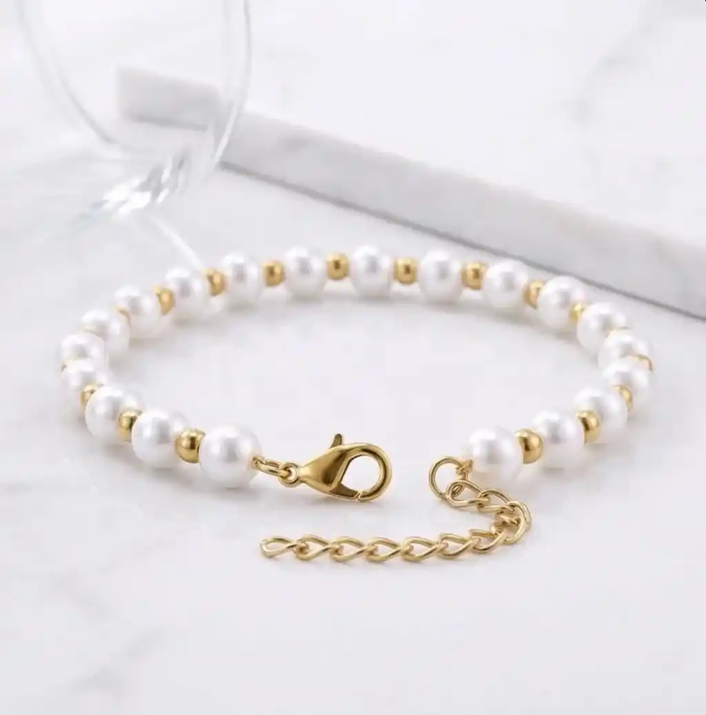 Pulseras con perlas blancas mujer con cadena en acero inoxidable y enchape de oro 18k