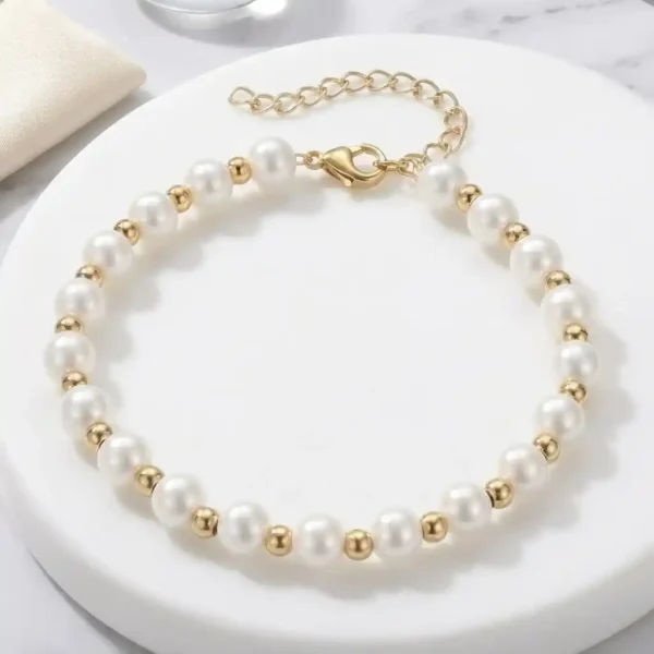 Pulseras de perla blanca para mujeres con cadena en acero inoxidable y baño de oro 18k