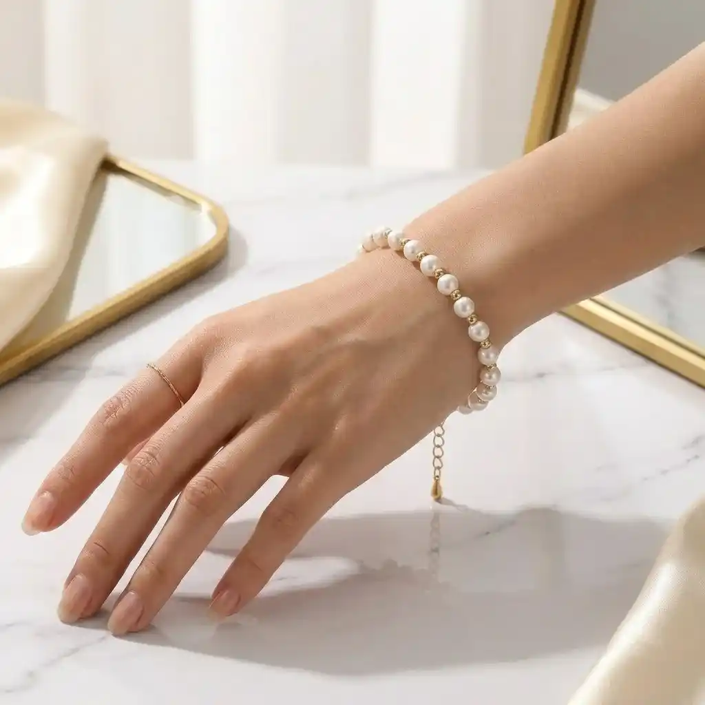 Pulseras en perla blanca para mujer con cadena en acero inoxidable y enchape de oro 18k