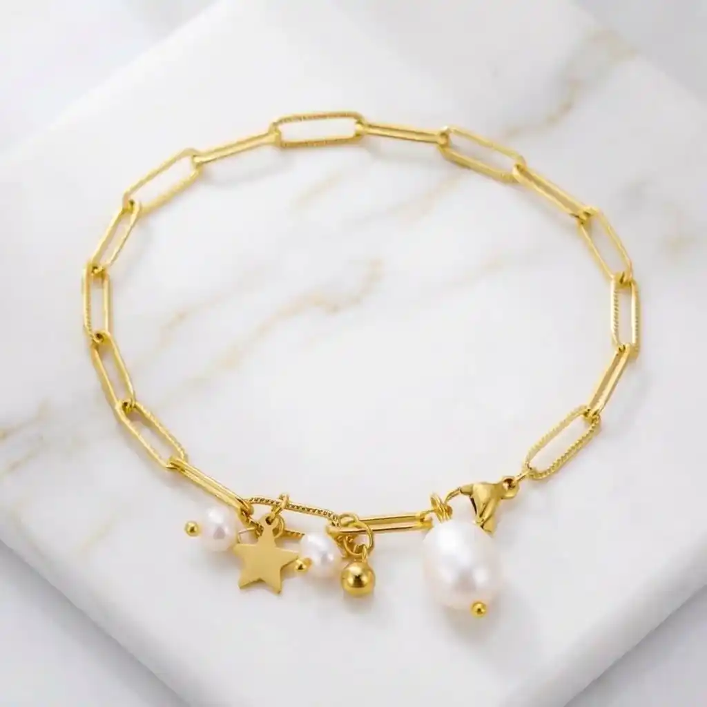 Radiantes pulseras mujeres B02378G 3 Pulsera para mujer de eslabones y adornada con dijes y perlas en acero inoxidable y baño de oro 18