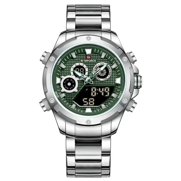 reloj-color-plata-hombre-maniforce-nf9217-cronografos-digitales-alarmas-calendario-pantalla-luminosa-esfera-verde Reloj acero inoxidable - Naviforce NF9217