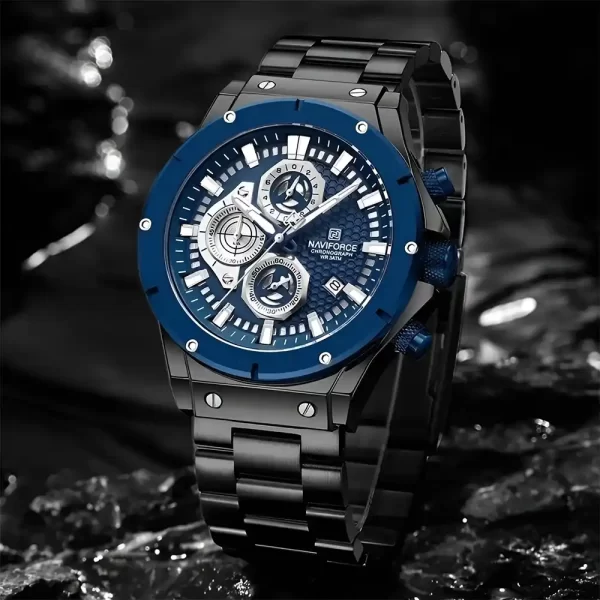 Reloj Hombre Acero Inoxidable - Naviforce NF8026 Negro Fondo y Bisel Azul